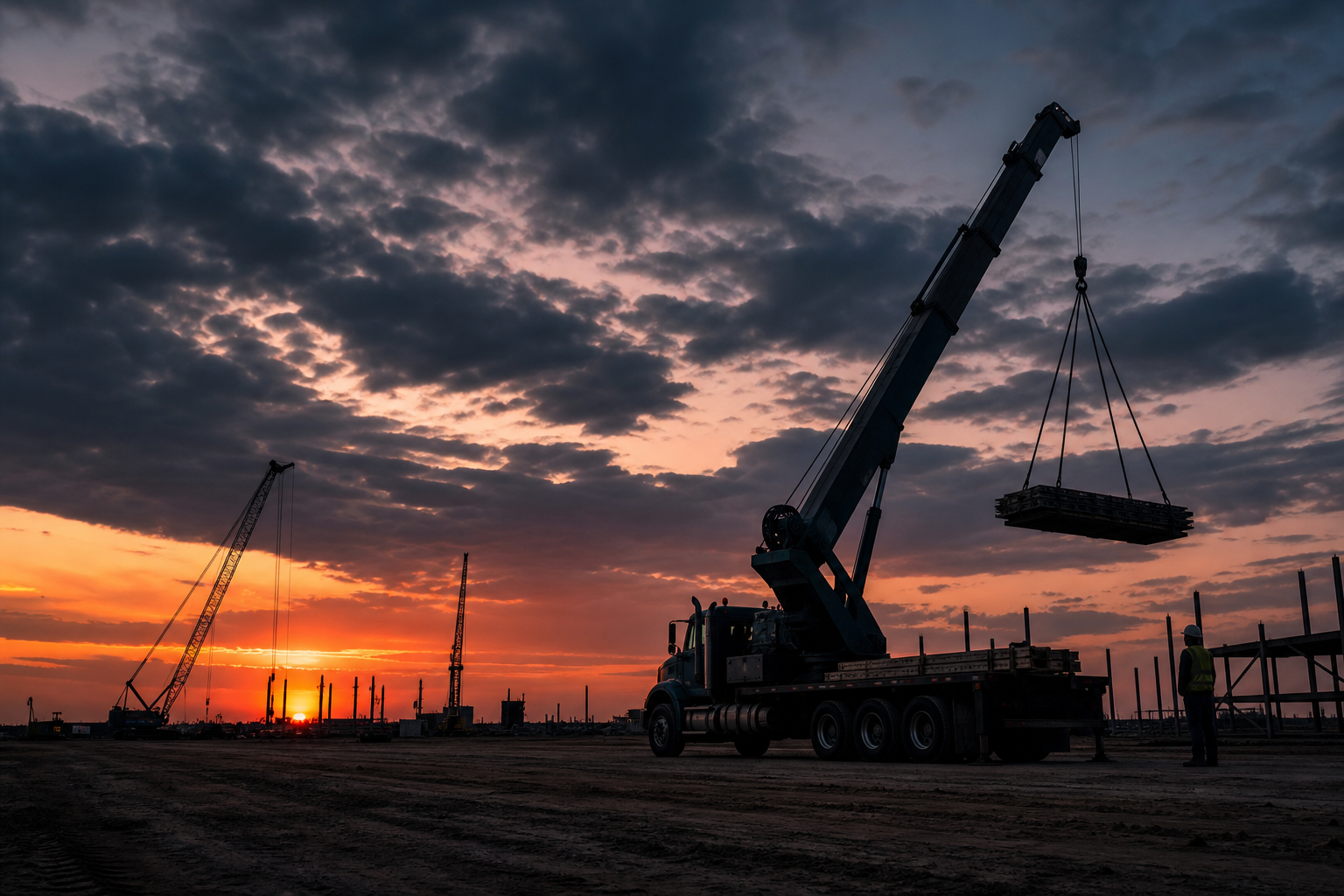 Truck-mounted crane lifting cargo against a sweeping South Texas dusk sky
