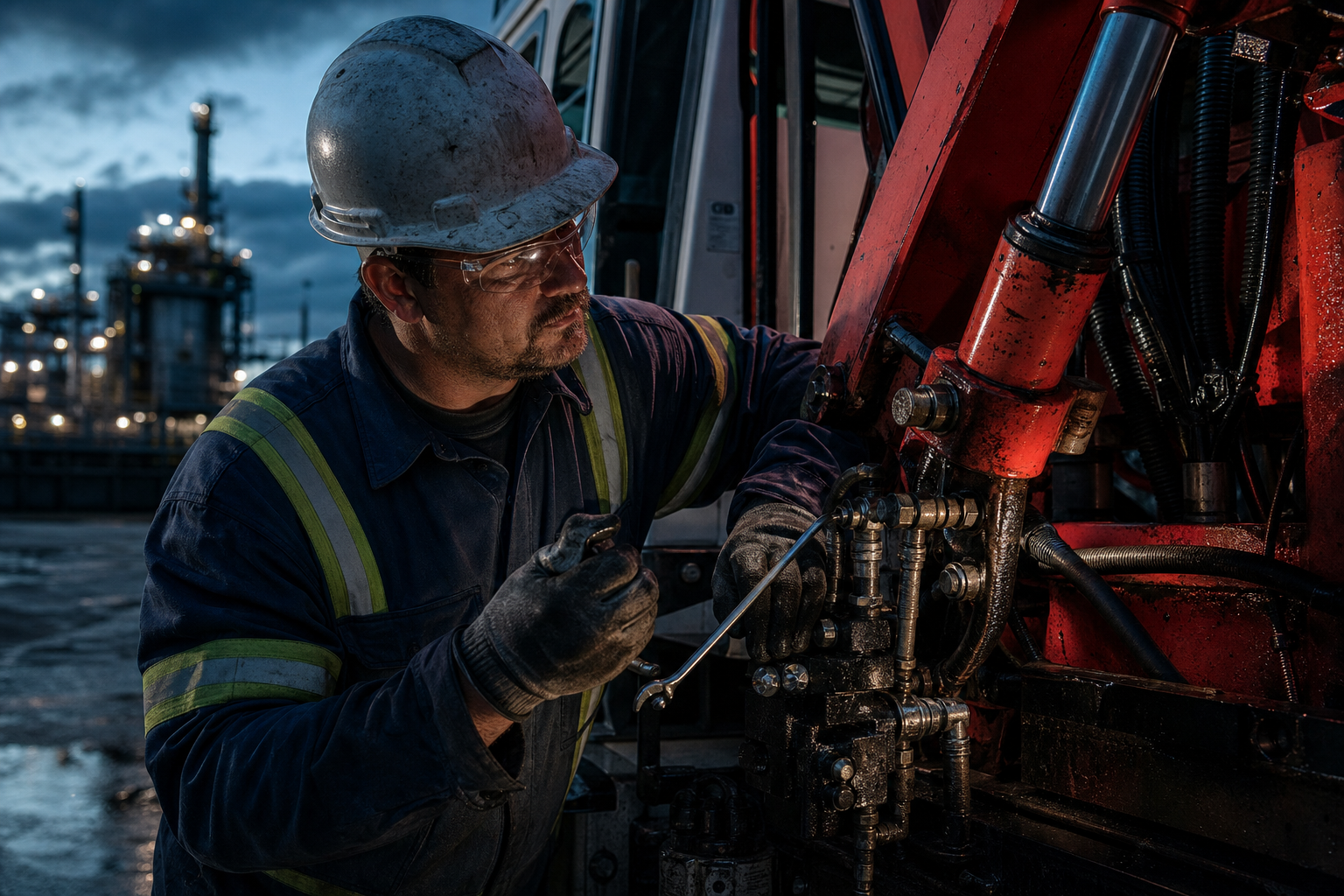 Technician performing field service and repair on a truck-mounted crane