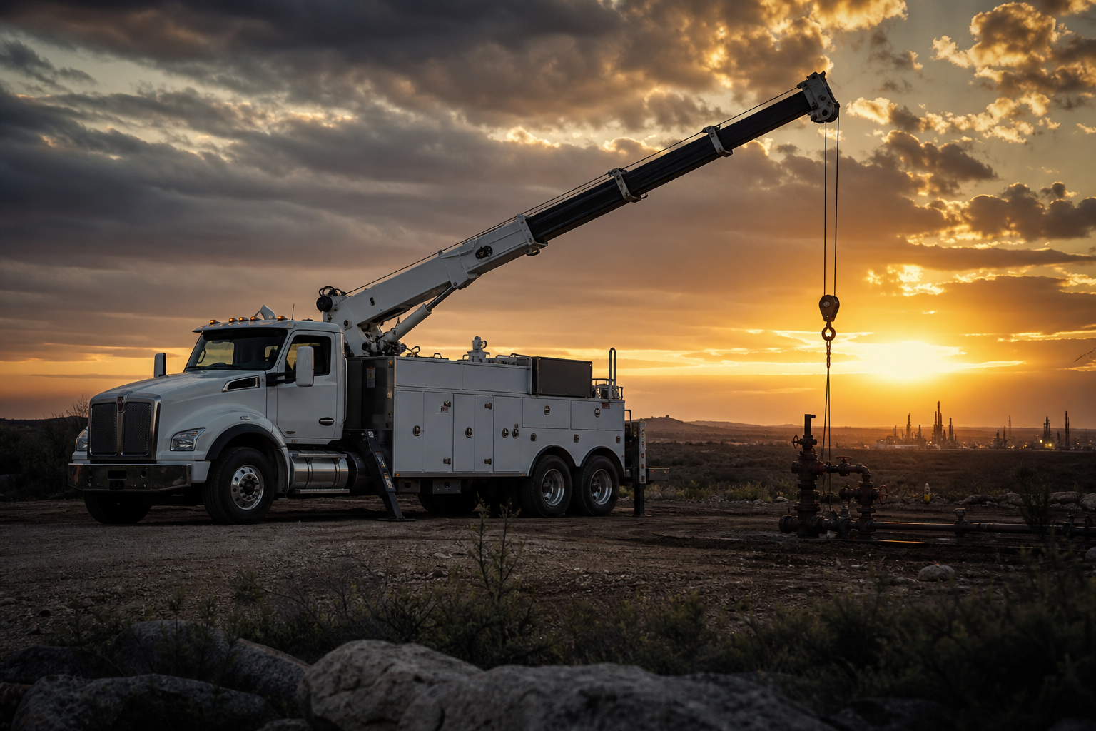 Service crane truck working at a South Texas job site at golden hour