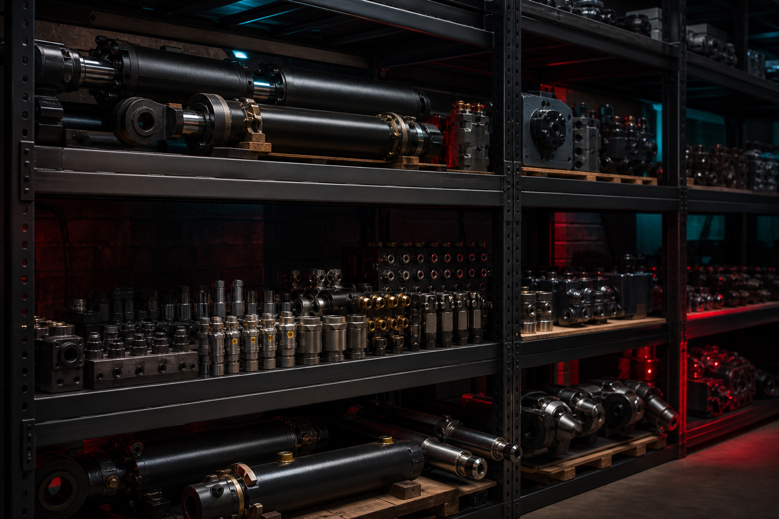 Crane and heavy equipment replacement parts organized on warehouse shelving
